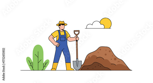 A farmer stands ready to work the soil with a shovel and a pile of dirt.