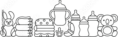 Line art illustration of baby feeding and toy items