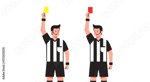 Two Professional Soccer Referees Displaying Yellow and Red Cards as Sanctions for Fouls During a Sports Match