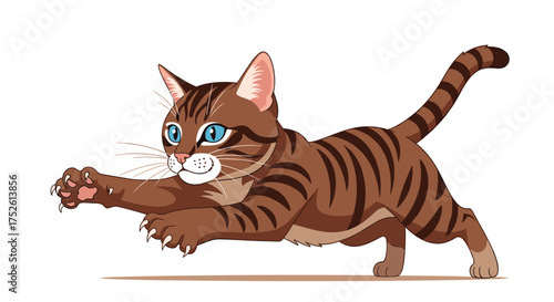 A playful brown tabby cat with blue eyes reaching out its paws while running.