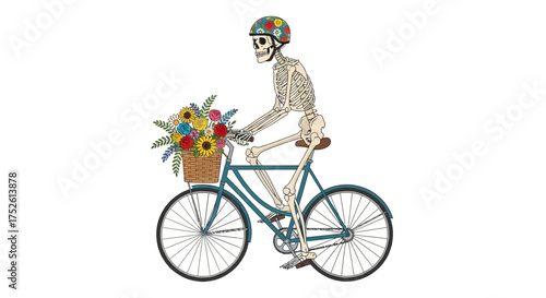 Charming vector illustration of a happy skeleton riding a bicycle with a basket full of colorful flowers