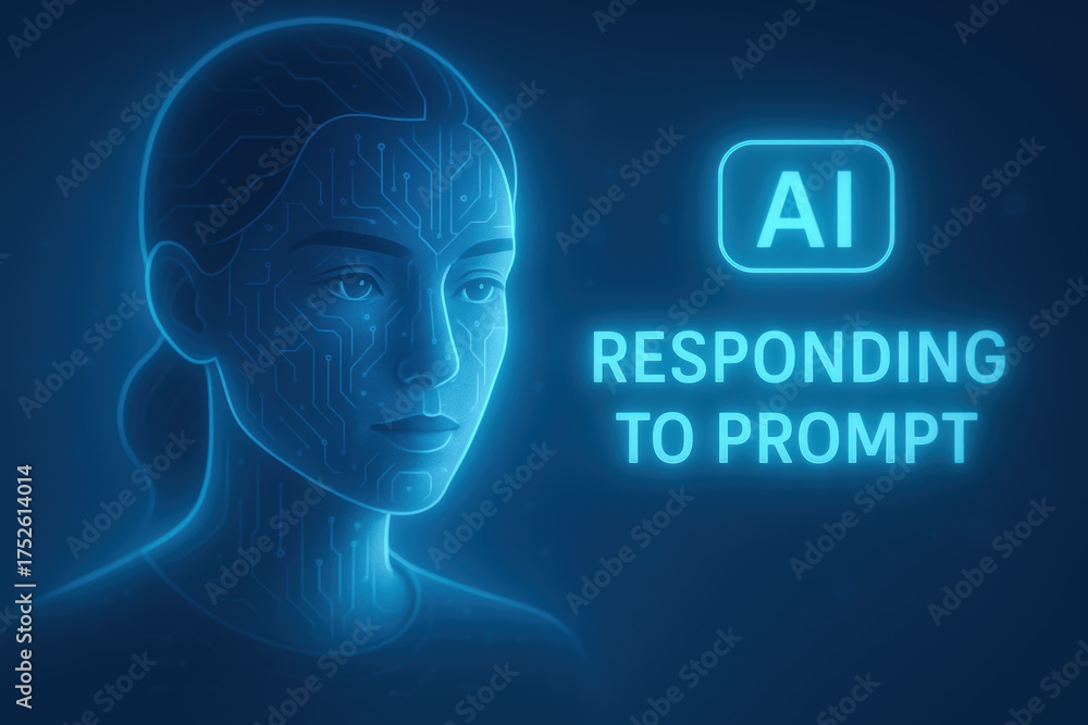 Obraz premium Prompt ai programmer portrait with neon circuit face glowing blue and futuristic emotion