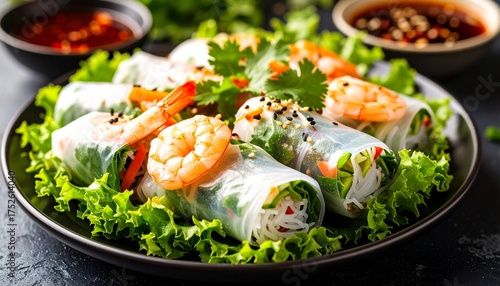 Vietnamese Spring Rolls, Rice Paper, Lettuce, Salad, Vermicelli, Noodles, Shrimps, Fish Sauce.