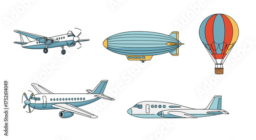 Collection of diverse aircraft including airplanes dirigibles and hot air balloons.