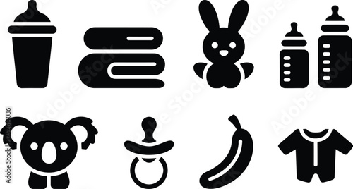 Collection of baby care icons including bottles pacifier and clothing