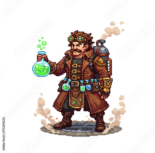 pixel art steampunk alchemist holding glowing green potion