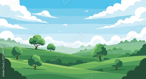 A vibrant pixel art landscape unfolds with rolling green hills dotted with trees and a bright blue sky with fluffy clouds.