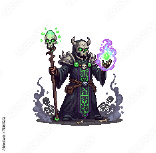 pixel art evil lich necromancer skull staff game sprite