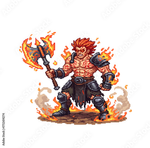 pixel art fire barbarian warrior axe character game sprite
