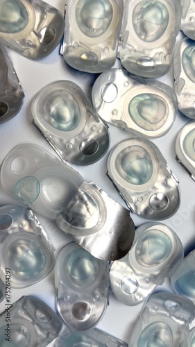 Vertical video view from above of disposable containers with contact lenses to an open container on the side of which lies a transparent round contact lens on a white background. The concept of vision