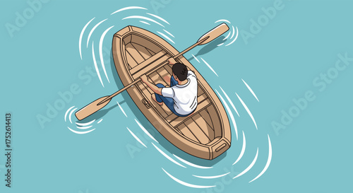A person rowing a wooden boat on a clear blue lake with gentle ripples.