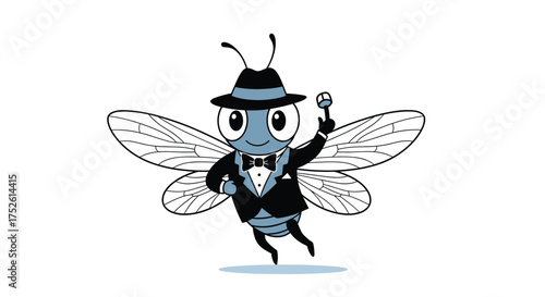 A dapper cartoon insect in a fedora and tuxedo holding a microphone for a performance.