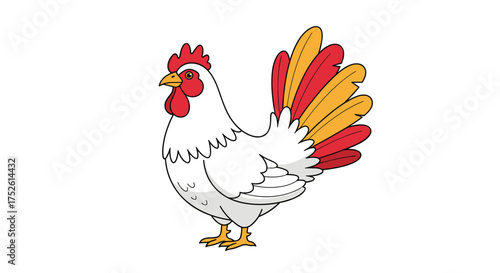 A cartoon illustration of a white rooster with a red comb and tail feathers in red and yellow.