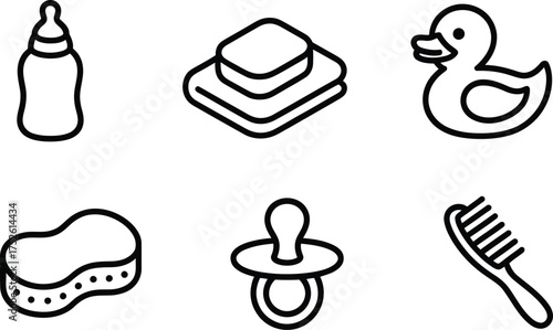 Baby bath time icons including bottle sponge pacifier duck and brush