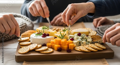 Cheese Board Feast: Brie, Cheddar, Blue Cheese, Crackers, and Cherries with People Enjoying