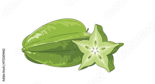 Fresh green star fruit and a slice of its star shape isolated on white background.