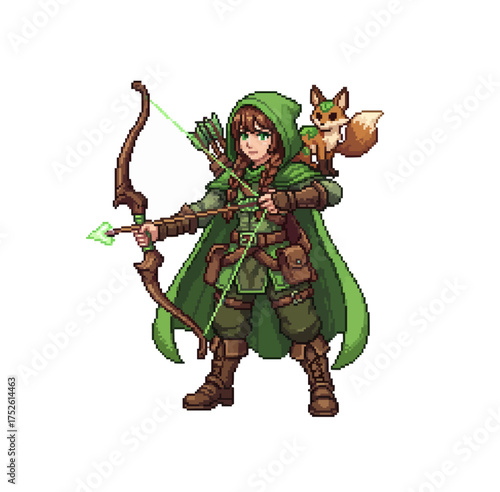 pixel art archer girl fox companion character game sprite