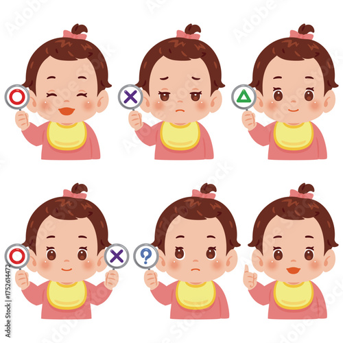 マルとバツなどの札を持った女の子の赤ちゃん　上半身イラスト／Baby Girl Holding Yes and No Signs　upper body illustration
