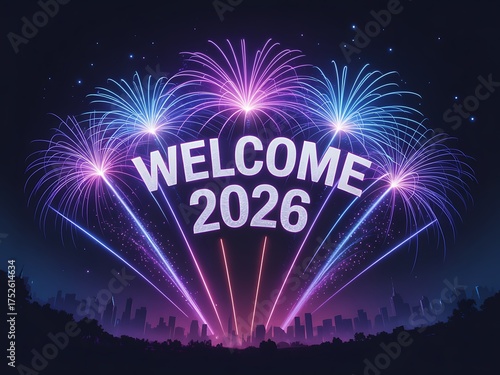 Spectacular fireworks display illuminates the night sky welcoming the arrival of the new year 2026 with vibrant colors and festive celebration