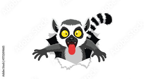 A surprised ring tailed lemur bursts through a torn paper revealing its tongue and wide eyes.