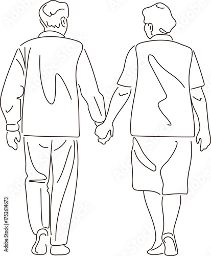 Line art vector of senior couple holding hands and walking