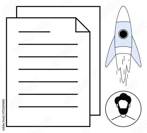 Paper document, rocket symbolizing growth and advancement, and a user profile icon. Ideal for innovation, project planning, entrepreneurship, teamwork, productivity, business strategy career