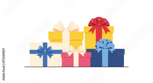 A vibrant collection of assorted wrapped gift boxes adorned with colorful ribbons and bows suggesting celebration and presents.