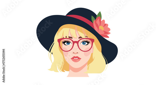 A stylish woman with a hat and glasses looking forward with a neutral expression.