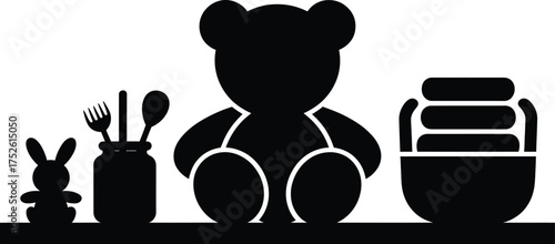 Silhouette of a teddy bear with bunny and honey pot on a shelf