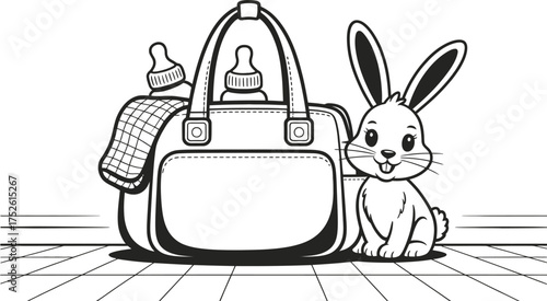 Cute cartoon bunny with baby bag and bottles illustration