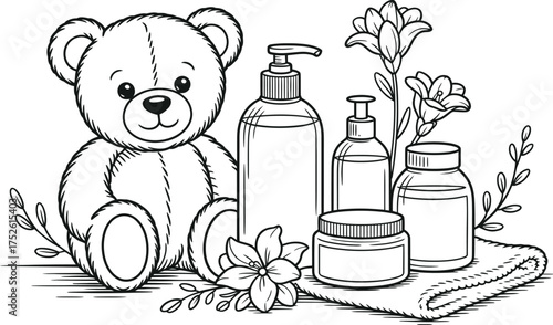 Cute teddy bear and skincare products illustration for baby bath time