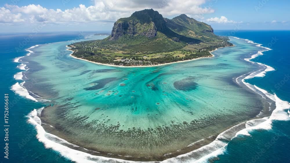 Aerial view of le morne brabant peninsula surrounded by turquoise water