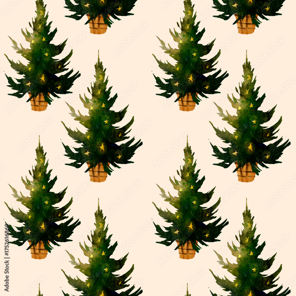 Obraz premium Christmas trees in watercolor style with stars and wooden pots, seamless pattern on beige background. For wrapping paper, holiday textile, gift packaging and winter decor.