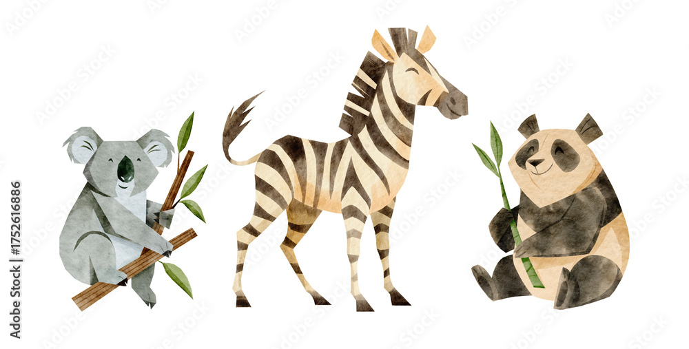 Obraz premium Watercolor koala, zebra and panda in geometric style on white background. Soft tones and natural texture. For sticker packs, posters, children’s prints, and educational wildlife projects.
