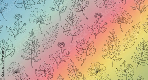 Seamless pattern with various leaves and flowers on a gradient background, creating a natural and elegant design suitable for textiles and wallpapers