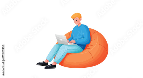 Young man in blue shirt and light blue pants using a laptop on an orange bean bag chair
