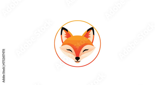 Adorable cartoon fox face with closed eyes inside a circular frame