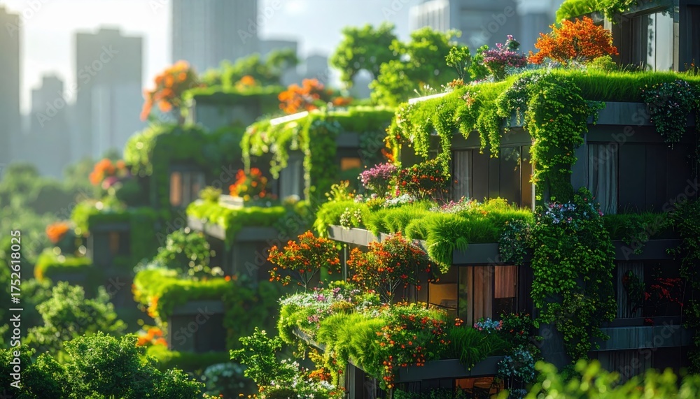 Fototapeta premium Lush Green Terraced Apartments in Eco City