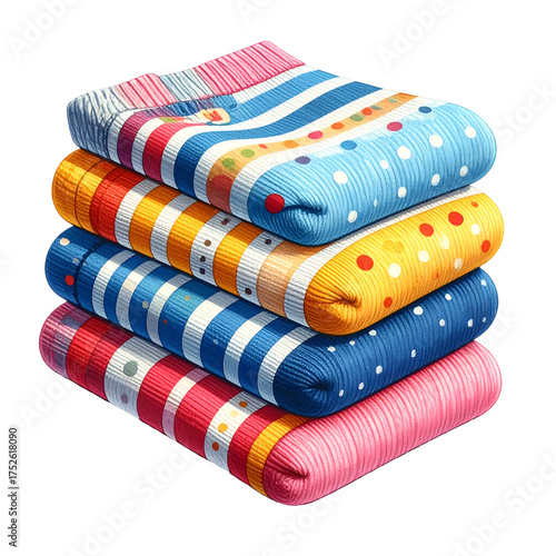 Stack of folded textile items featuring colorful striped and dotted patterns.