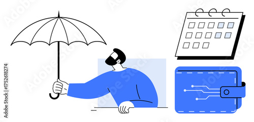 Person holding umbrella symbolizing protection, digital wallet indicating finance, and calendar representing planning. Ideal for insurance, finance, saving, investment, security, management