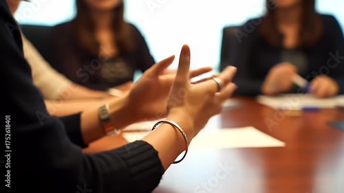 Woman Presenting with Open Hands at a Meeting at Wooden Table