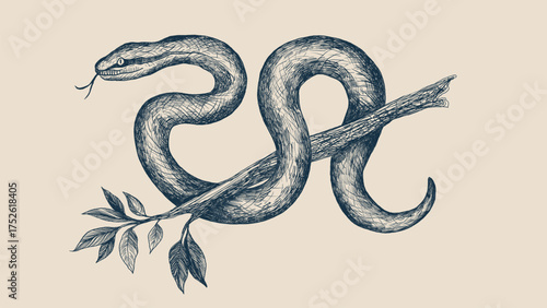 Detailed ink illustration of a tropical snake wrapped around a tree branch on beige background. Perfect for wildlife art, vintage posters, zoological studies, and educational materials.
