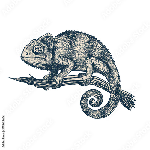 ink graphic illustration of a chameleon sitting on a tree branch on white background. Perfect for wildlife art, botanical prints, vintage posters, and educational materials.