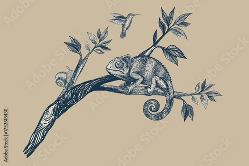 Detailed ink graphic illustration of a chameleon sitting on a tropical branch with leaves, hummingbird, and snail. Perfect for wildlife art, botanical prints, posters, and vintage design projects.