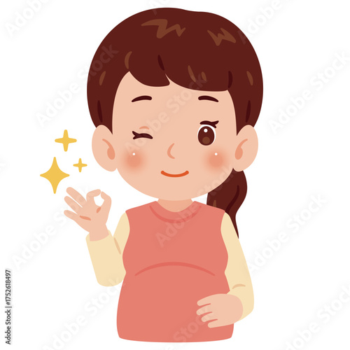 OKサインのポーズをする妊婦さん　上半身イラスト／Pregnant Woman Making OK Sign　upper body illustration