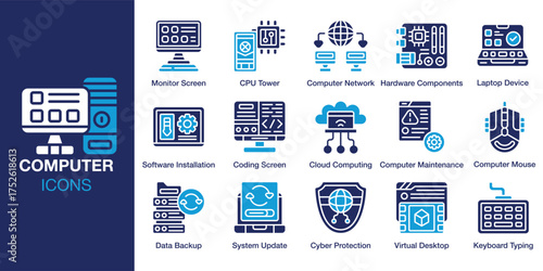 Computer icon set. Containing business, laptop, pc, internet, data, display, device and more. Solid vector icons collection. Vector illustration.