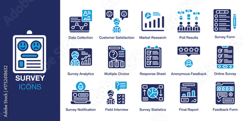 Survey icon set. Containing quality, service, information, opinion, success, form and more. Solid vector icons collection. Vector illustration.