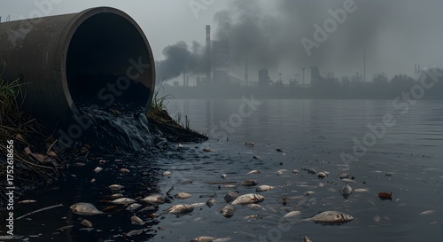 Pollution Pipe Dumping Waste Into River with Dead Fish