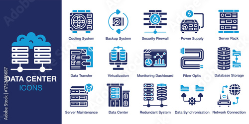 Data Center icon set. Containing connection, database, information, rack, center and more. Solid vector icons collection. Vector illustration.