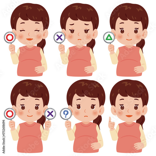 マルとバツなどの札を持った妊婦さん　上半身イラスト／Pregnant Woman Holding Yes and No Signs　upper body illustration